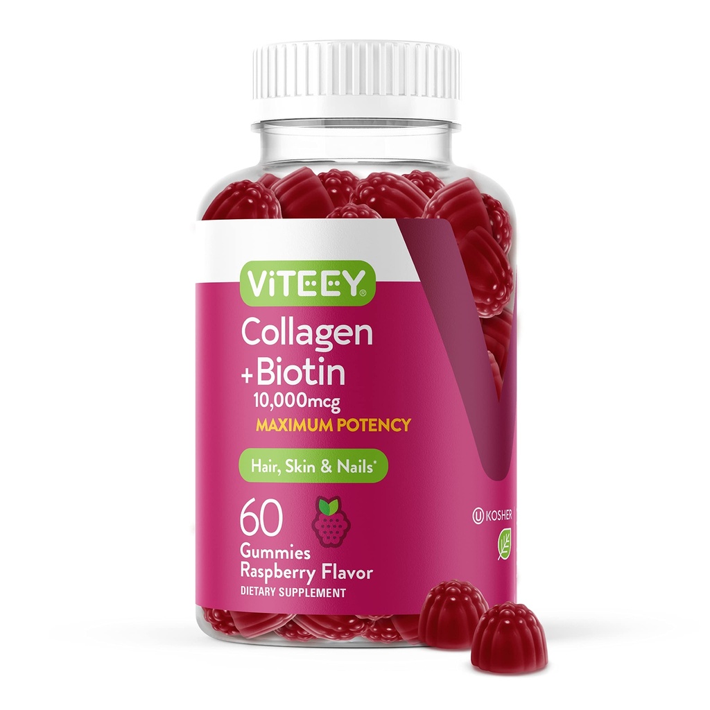 Viteey Collageen Gummies met Biotin Gummies voor haarhuid en Nails Vitaminen - Biotine en Collageen Supplementen voor vrouwen en mannen - Veganistisch, Glutenvrij