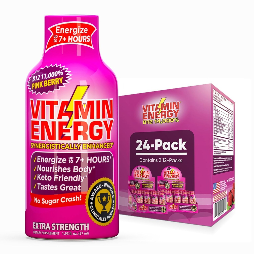 Vitamine Energie B12 11.000% Extra sterkte Energie Shot Pink Berry 24 Pack, 260mg Natural Cafeïne, B12 & B6, Nootropic Focus, Vitality, Zero Sugar, Gluten-Free, Vegan, Kosher, 1,93 fl oz
