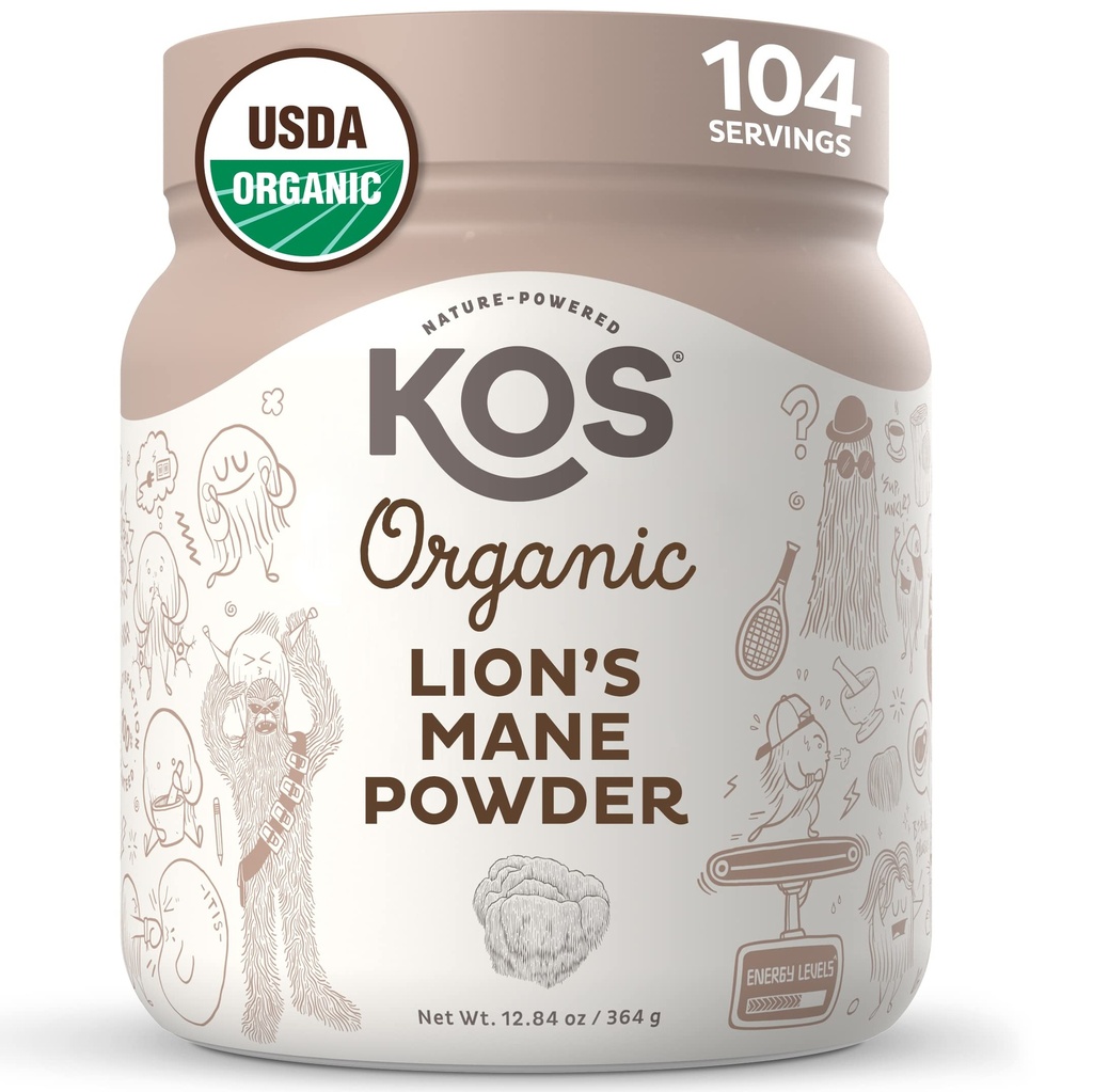 KOS Bio Lion's Mane Powder - Nootropic Superfood naturel - Champignon fonctionnel végétalien, base végétale, certifié USDA, sans OGM, sans soja et sans gluten - 104 portions