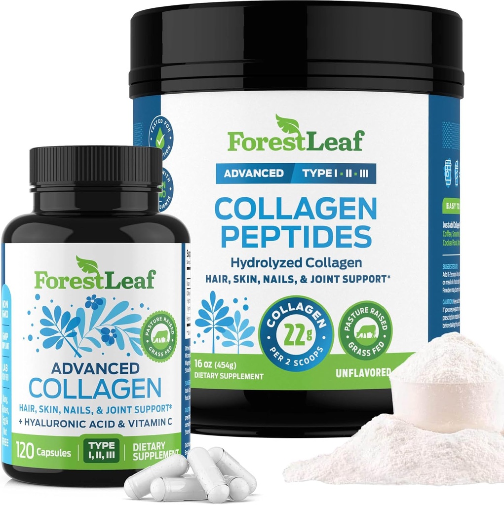 ForestLeaf Collageen Supplementen Bundle - 2-in-1 Gehydrolyseerd Collageen Peptides Powder and Collageen Pillen - Grass Fed Bovine Collageen for Women and Collageen for Men