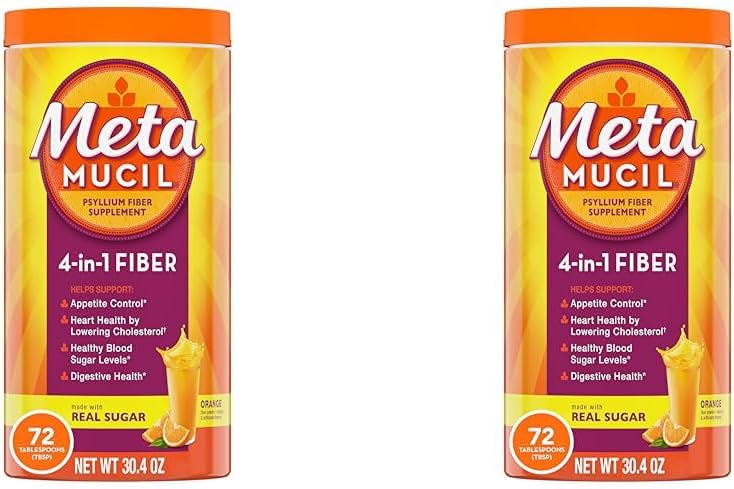 Metamucil Fiber, 4-in-1 Psyllium Fiber Supplement Powder with Real Sugar, Orange Smooth Flavored Drink, 72 Serves (Packaging May Vary), Coarse Texture, 1.9 Pound (Pack of 2)