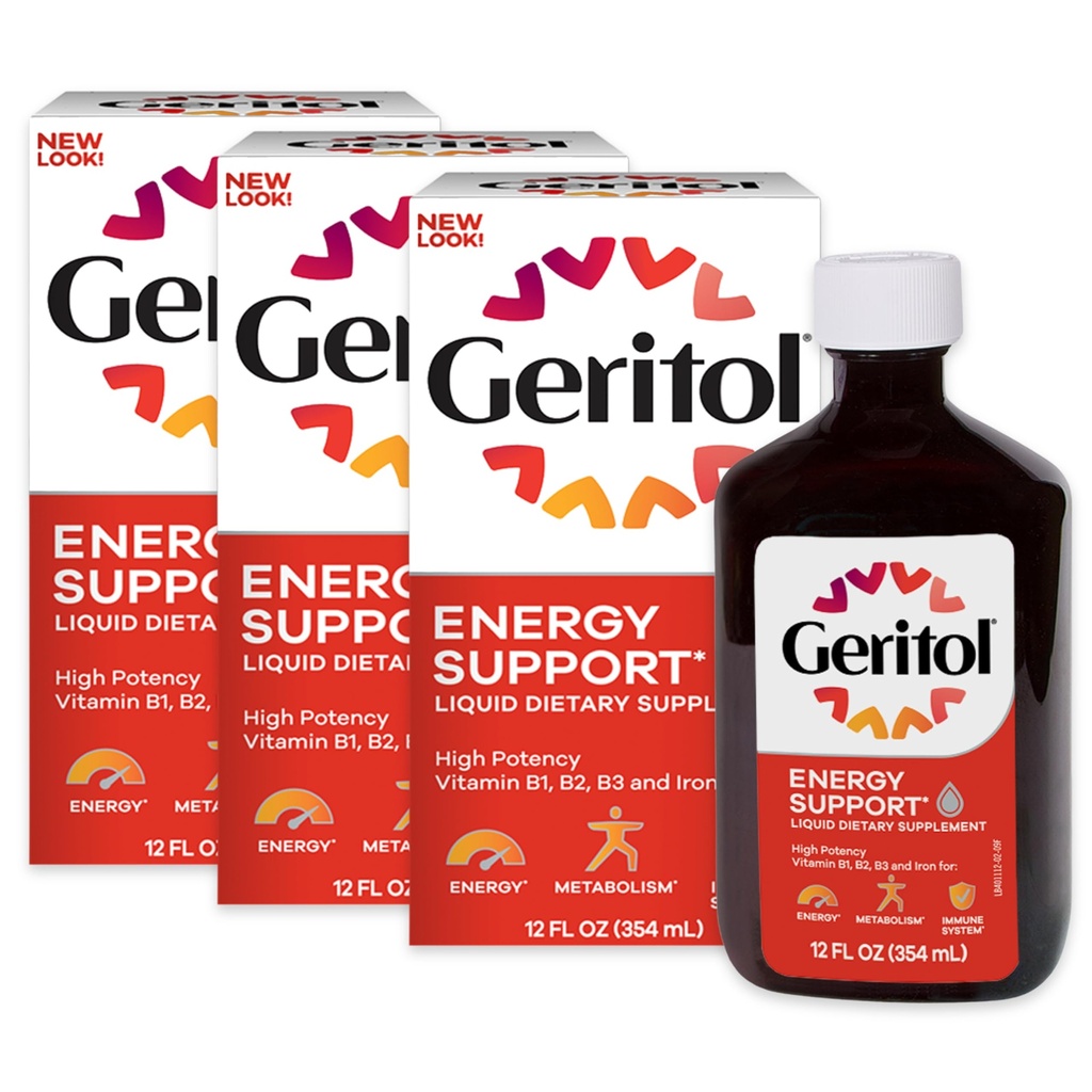 Geritol Liquid Vitamin and Iron Supplement, Energy Support, Bevat hoge potentie B-Vitamins en ijzer, Aangename Proeverij, Gemakkelijk te slikken, Geen kunstmatige zoetstoffen, Niet-GMO, 12 Oz, 3 Pack