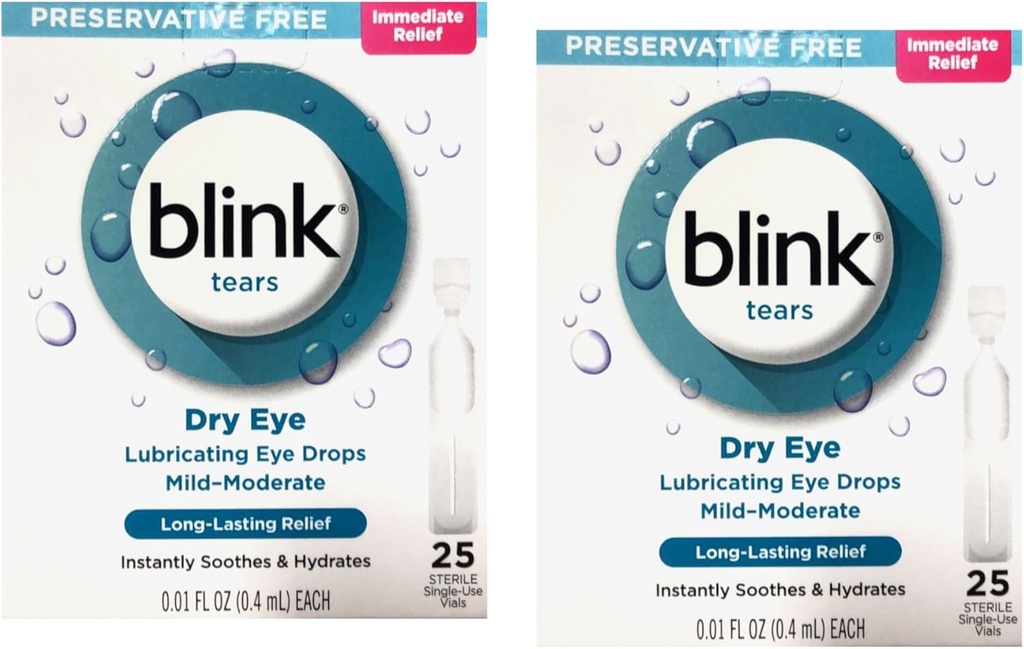 Blink Tears Conserveervrije Oogdruppels, onmiddellijke en langdurige verlichting voor droge ogen, 25 Steriele Flacons voor eenmalig gebruik, 0,01 FL OZ (0,4 ml) Elke (verpakking van 2)