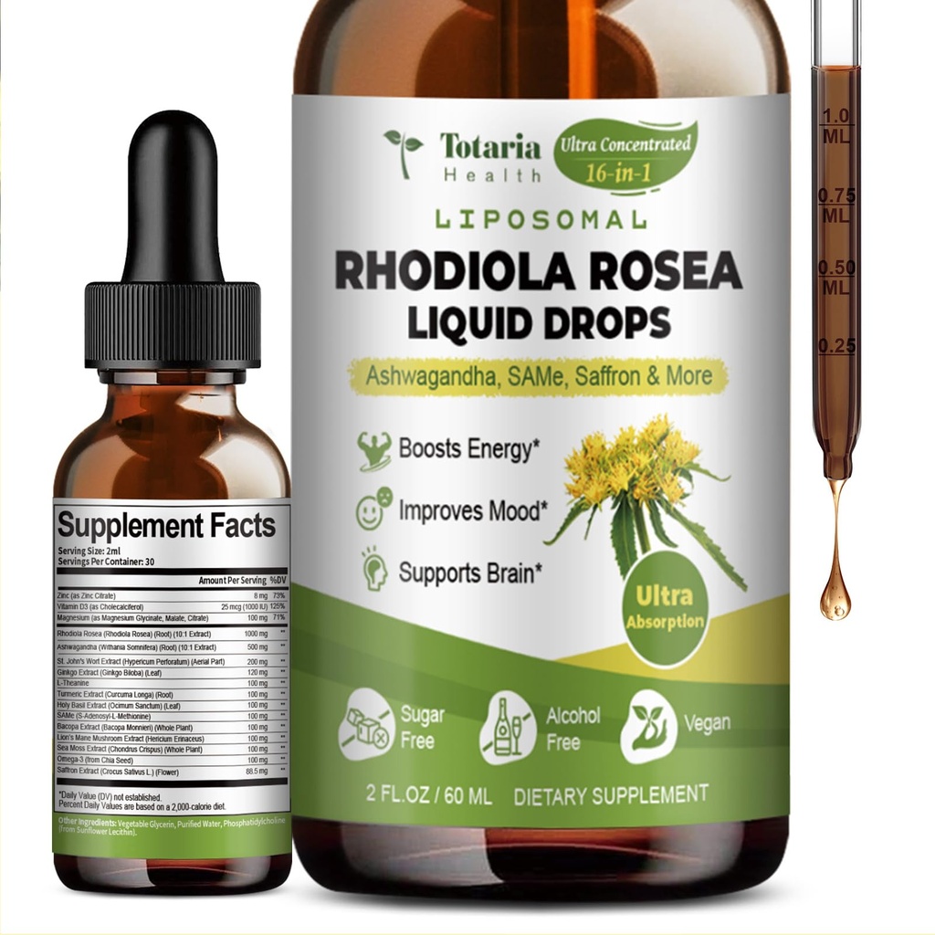 Totaria 16-in-1 Liposomale Rhodiola Rosea Tinctuur, Ultra Strength Rhodiola Supplement w/Ashwagandha, Saffron, Magnesium, SAM-e, Rhodiola Rosea Extract Liquid Drops for Natural Relaxation, Mood, Energy