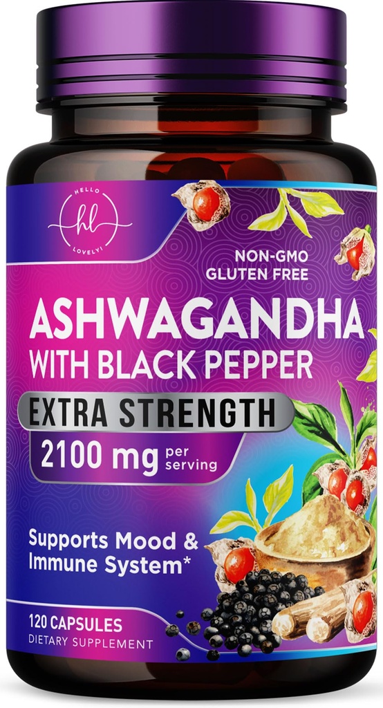 Ashwagandha 2100 mg - Ashwagandha Supplementen voor vrouwen in Veggie Capsules met Poeder & Root Extract, Black Pepper voor Hoge Absorptie, Plant Based, Non-GMO, Gebotteld in de VS - 120 Veggie Capsules