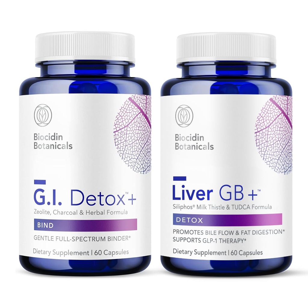 Biocidin G.I. Detox+ Gentle Binder & Liver GB+ Gallbladder Liver Support - Help Optimize Toxin Removal & Fat Digestion - Activated Charcoal, Zeolite, TUDCA & Bitter Herbs (2 Products)