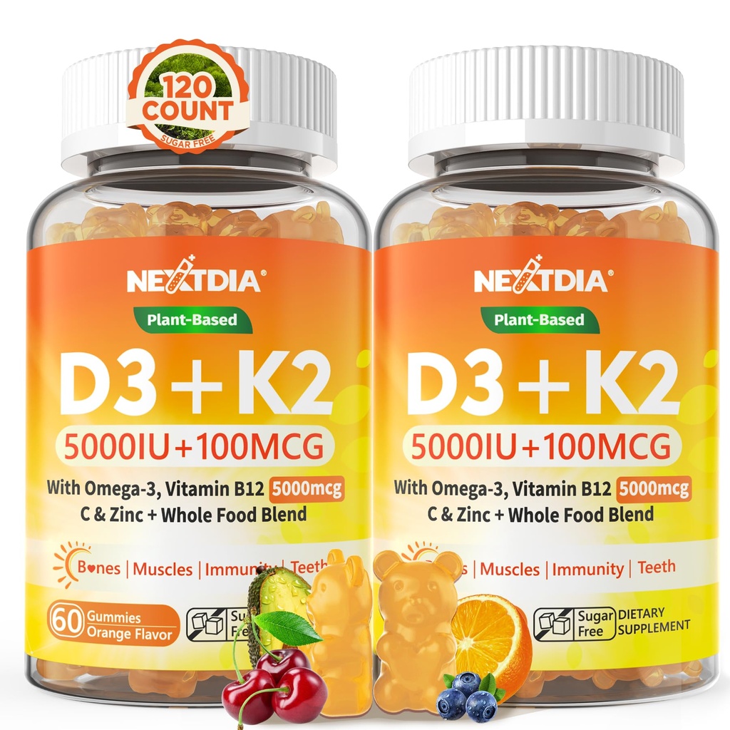 Vitamine D3 K2 Gommies 5000UI / 10 000 UI avec Omega-3 250mg + K2(MK-7) 100mcg - 5X Absorption par rapport à la norme D3K2, avec vitamine C, zinc, et 5 légumes biologiques, soutient les os et les dents, Immune