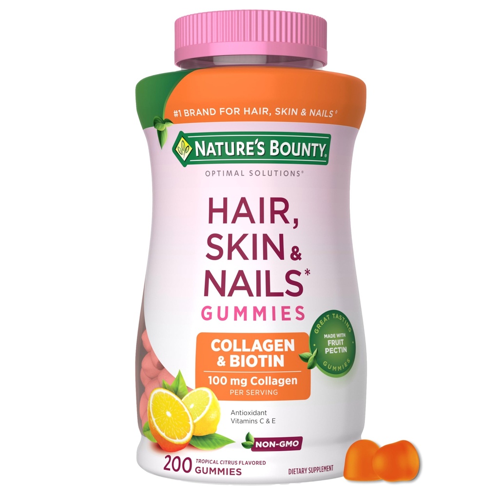 Nature's Bounty Optimal Solutions Hair, Skin and Nails Collagen Pectin Gummies, 100 mg Collageen en 2.500 mcg Biotin Per Serving, No Stick Gummy, Tropical Citrus Flavor, 200 ct, 100 Total Servings