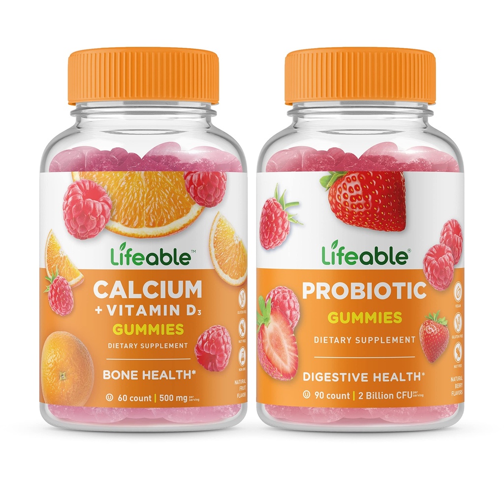 Levensvatbare Calcium met vitamine D + Probiotische 2 miljard CFU, Gummies Bundle - Grote Proeverij, Vitamine Supplement, Glutenvrij, GGO vrij, Kauwbaar