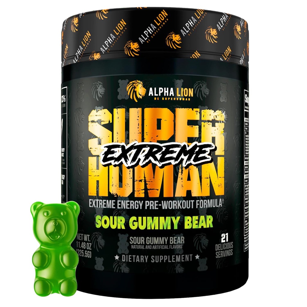 ALPHA LION Poudre pré-entraînement ultra-humaine ultra-haute Stim, Beta Alanine, L-Taurine et 356mg caféine tri-source pour l'énergie soutenue, l'oxyde nitrique et la citrulline pour pompe (21 portions, l'ours aigre)