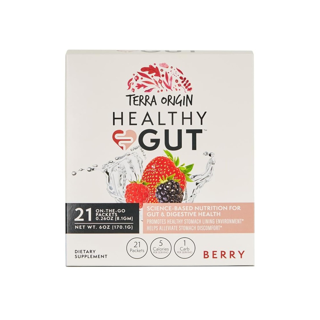 TERRA ORIGINEEL Gezonde Gut Stick Packs, L-Glutamine, Slipperige Elm, Aloë Vera, Licorice Root Extract, Gut Health, Digestieve Ondersteuning, Leaky Gut Repair, Immuunfunctie, On-The-Go, 21 Ct, Berry