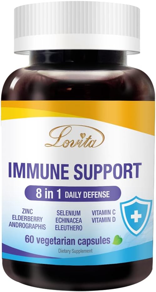 Lovita Immune Support 8 in 1, Vlierbes met zink en vitamine C, vitamine D, Selenium & Echinacea, Andrographis, Siberische Ginseng - Immune Booster Supplement, 60 Vegetarische Capsules