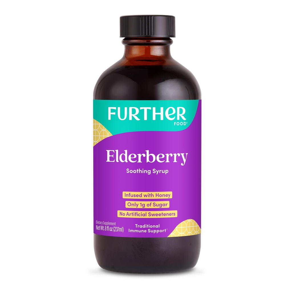 Verder voedsel Vlierbessen Siroop voor Immune Support, Sambucus Vlierbessen Supplement, dagelijkse kruiden immuunsysteem ondersteuning voor kinderen en volwassenen, Glutenvrij (8 Fl oz van Vlierbessen verzachtende siroop)