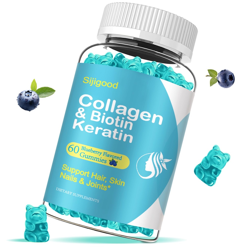 Biotin Gummies met Collageen, Keratine, Hyaluronzuur, Vitamine voor de huid, Haargroei, Nagels, Vrouwen Mannen Volwassenen Kinderen - 60 Blueberry Flavored Gummies