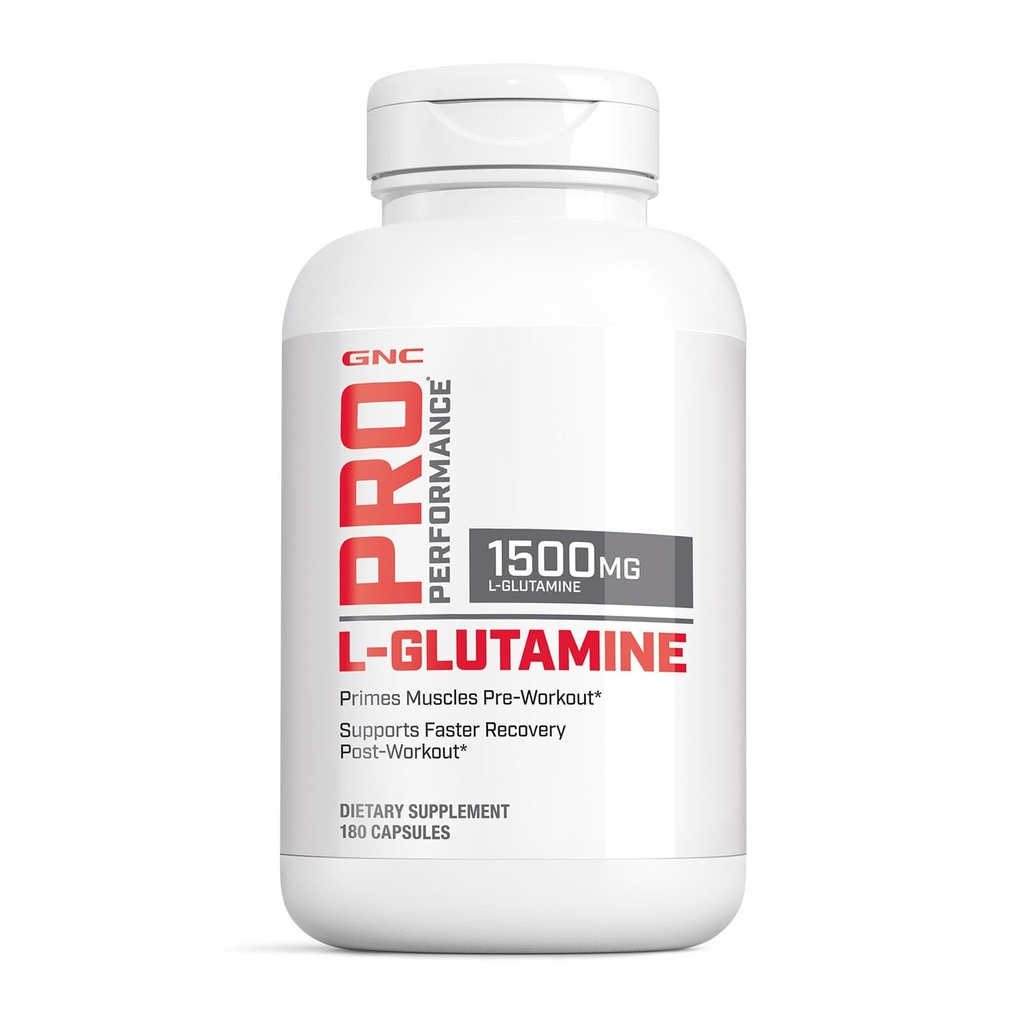 GNC Pro Performance L-Glutamine 1500mg, Aminozuursupplement, ondersteunt spierherstel & functie, brandstofimmuunsysteem, speelt belangrijke rol in eiwitsynthese, ongearomatiseerd, glutenvrij, 180 capsules