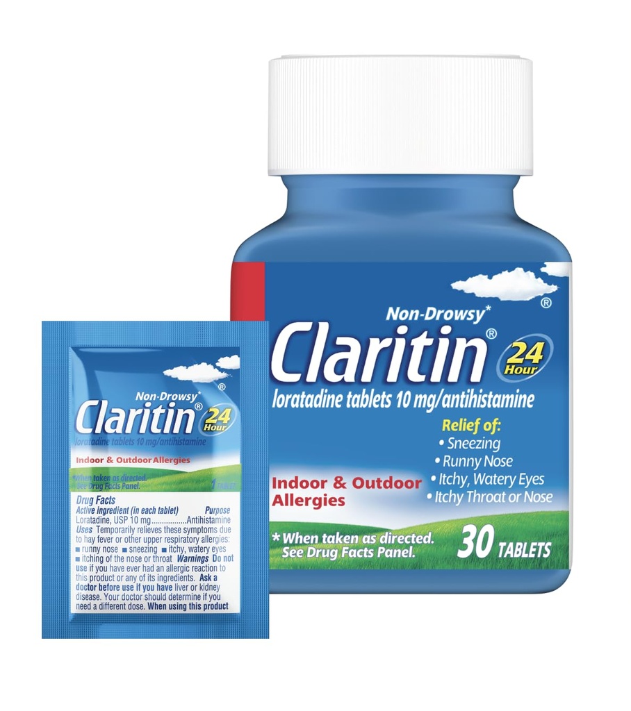 Claritine Allergie Geneeskunde voor volwassenen, 24-uurs Non-Drowsy Loratadine 10mg Pillen, Antihistamine, 30 tabletten + 1ct On-The-Go Relief