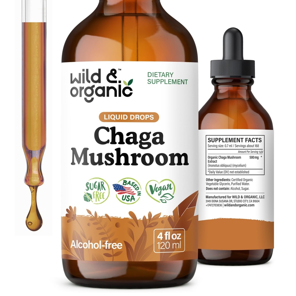 Wild & Organic Chaga paddo drops - Immune Support with Chaga Extract - Liquid Mushroom Supplement for Immunity - Vegan, Sugar & Alcohol-Free Tinctuur - 4 fl oz