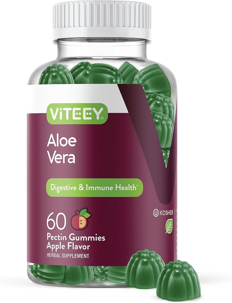 Viteey Aloë Vera Gummies voor volwassenen - 50mg - Aids in spijsvertering en immuungezondheid - Aloë Vera supplement - Veganistisch, Gelatinevrij, Glutenvrij, GGO-vrij, smakelijk Kauwbare Raspberry Flavored Gummy