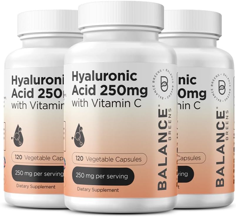Pure Hyaluronzuur supplement 250mg met vitamine C 50mg, 120 Vegan Capsules - huidhydratatie voor natuurlijke gloed, haar, nagels, bot & Joint Health Formula