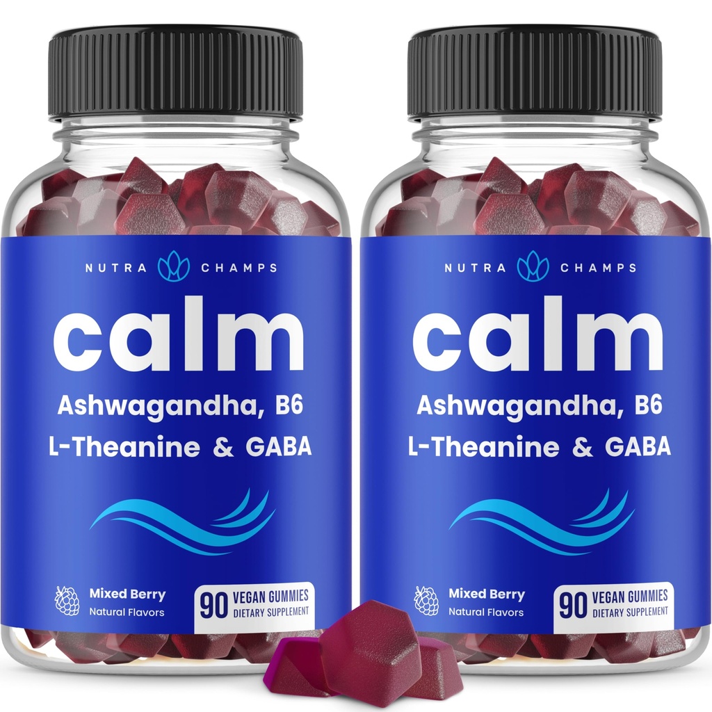 NutraChamps Kalm Gummies, Stress Gummies Supplement met Ashwagandha, L-Theanine, GABA, Vitamine B6 & Citroen Balm, 90 Gummies (pakket van 2)