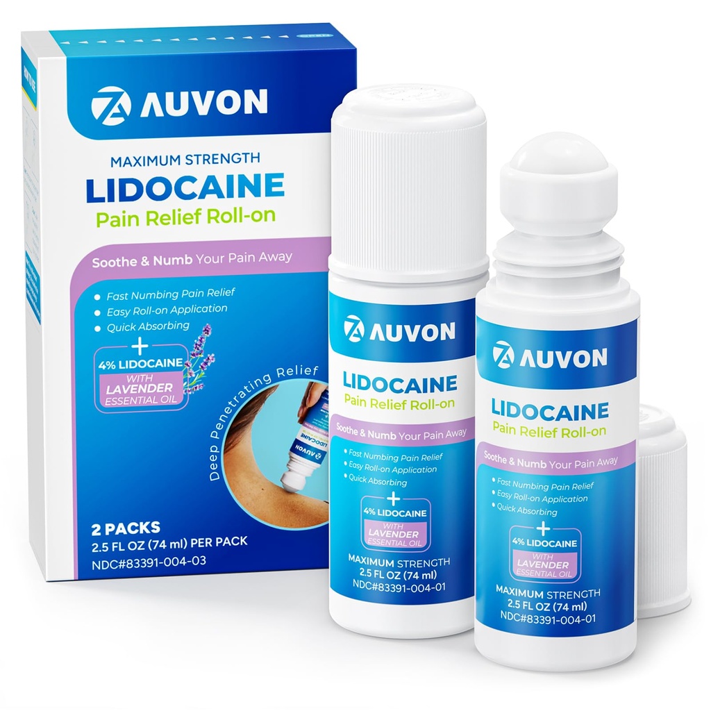 AOVON Max sterkte Lidocaine pijnverlichting Roll-On met Lavendel essentiële olie, Geen mess Applicator, Quick Absorbing naar Numb & kalmeren pijnverlichting voor knieën, schouders, FSA/HSA in aanmerking komende, 2,5 OZ, 2 verpakkingen