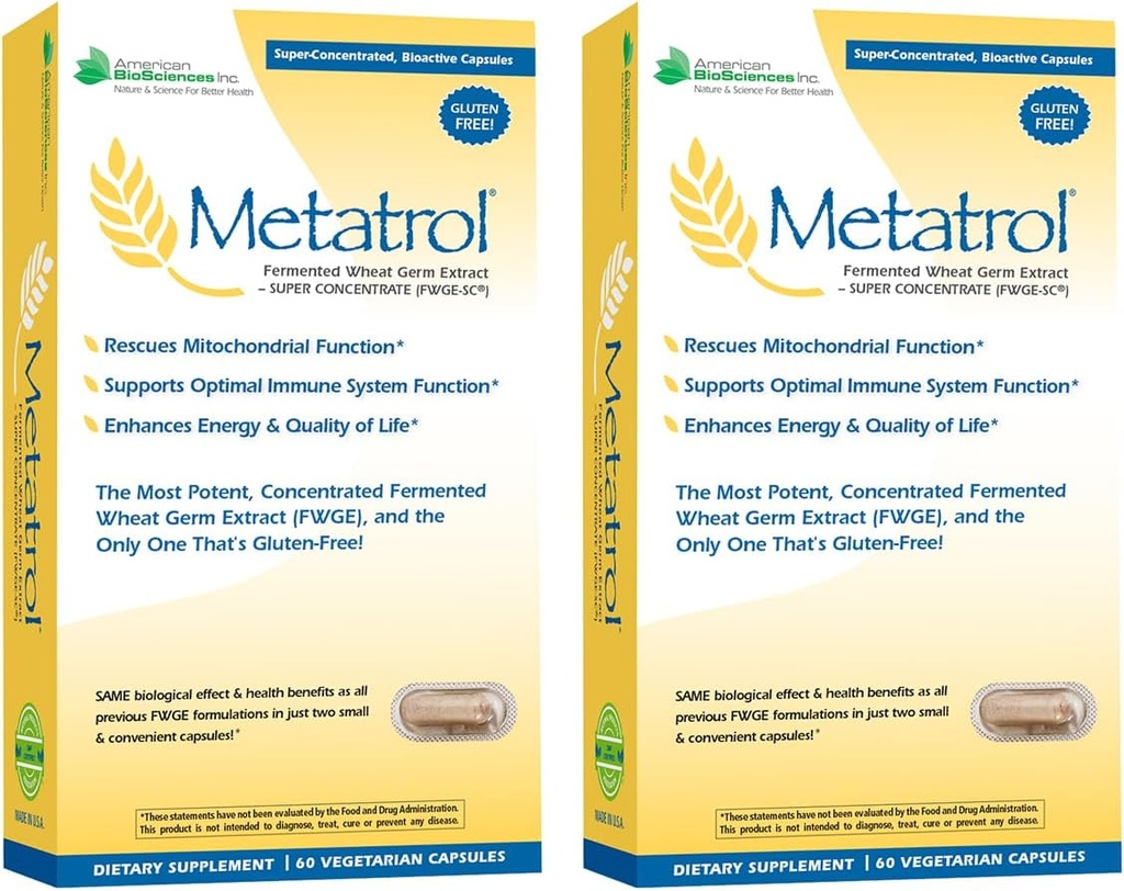 American BioSciences Metatrol 2-Box Bundle, Mitochondrial Rescue & Daily Immune System Support Fermented Wheat Germ Extract - Super Concentrate, 60 Capsules per Box, 41mg of FWGE-SC per Serving