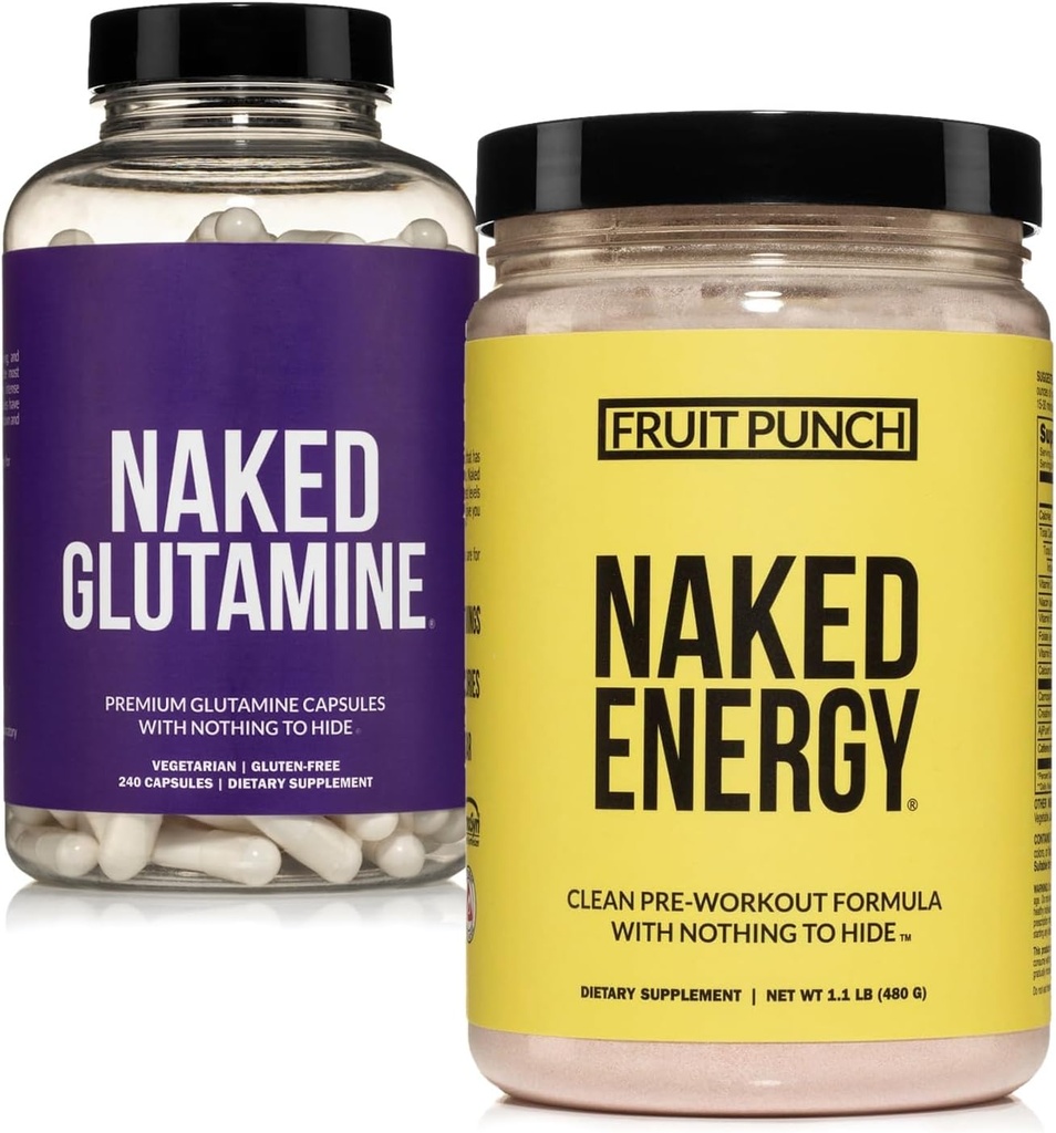 Naked Veganiseren Muscle Recovery Bundle Fruit Punch Energy en 240 L-Glutamine Capsules, 1000mg