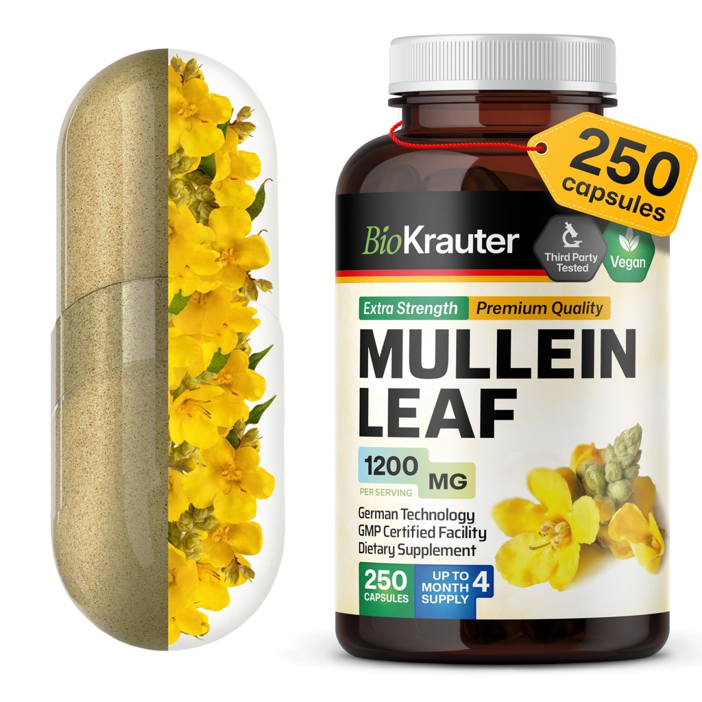 BIO KRAUTER Capsules Mullein 1200 mg 250 Compte - Extrait de feuille de Mullein végétalien pur pour les poumons - 125 jours d'approvisionnement - Suppléments de nettoyage pulmonaire et de soutien respiratoire - Non-OGM