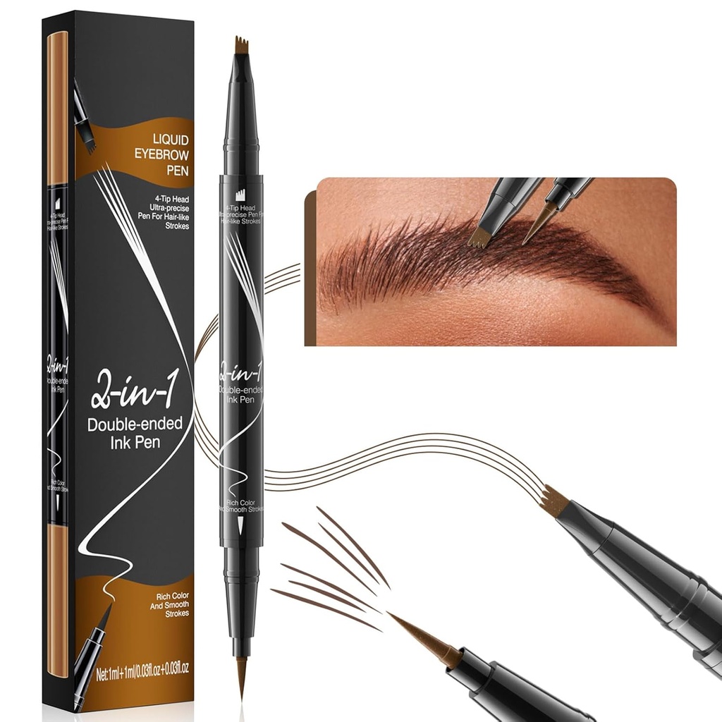 9706 2-in-1 Dubbelzijdige vloeibare wenkbrauw Pen, 4 Tip Head& 1 Tip Ultra Fine Eyebrow Pen, Makkelijk Realistische wenkbrauwen tekenen, 4 kleuren, waterdicht (2# Dark Brown)