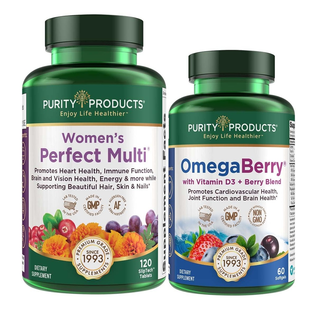 Zuiverheid Producten Vrouwen Perfect Multi + OmegaBerry Visolie Vrouwen Multi (Ondersteunt Urinaire Tract Gezondheid, Immune, Bot, Haar, Huid, Nagels + Meer) - OmegaBerry (1250mg Omega-3, Vitamine D3 + Meer)