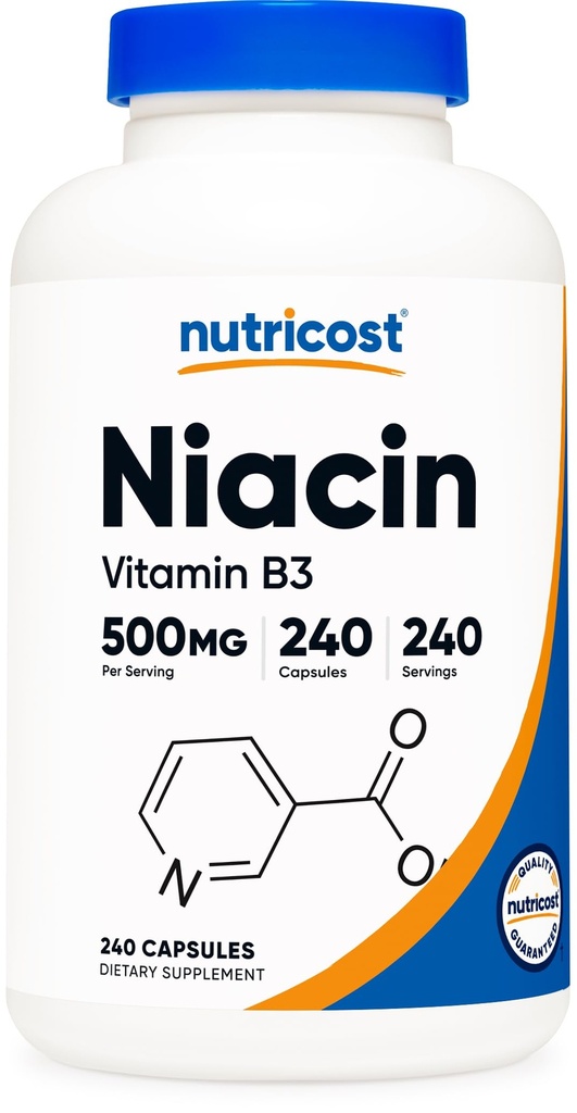 Nutricost Niacin (Vitamine B3) 500mg, 240 Capsules - met Flushing, Non-GMO, Glutenvrij