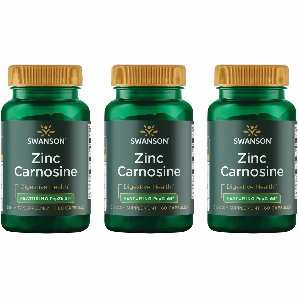 Swanson Zinc Carnosine (PepZin GI) - Natural Supplement Promoting Gastric Health & Digestive Support - Supports Microbial Balance in the Stomach - (60 Capsules) 3 Pack