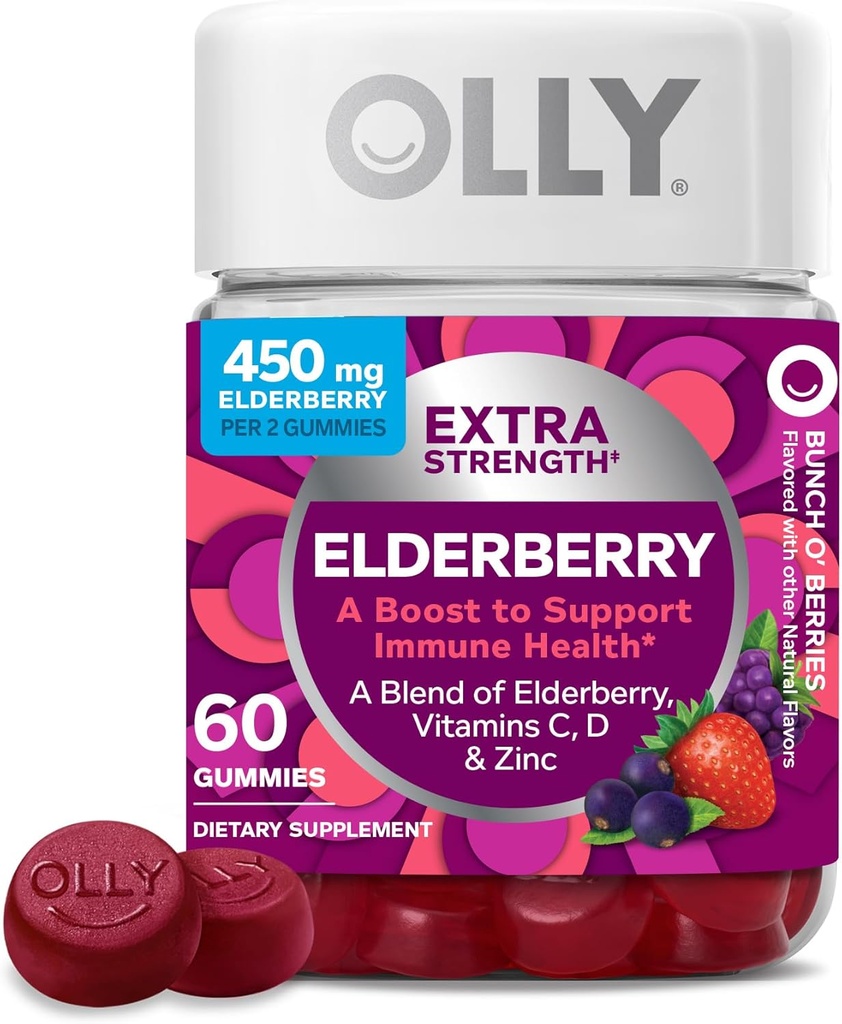 OLLY Extra sterkte Vlierbes Gummies, Immune Support, 450mg Vlierbes, Vitamine C, D en Zink, Berry - 60 Tellen