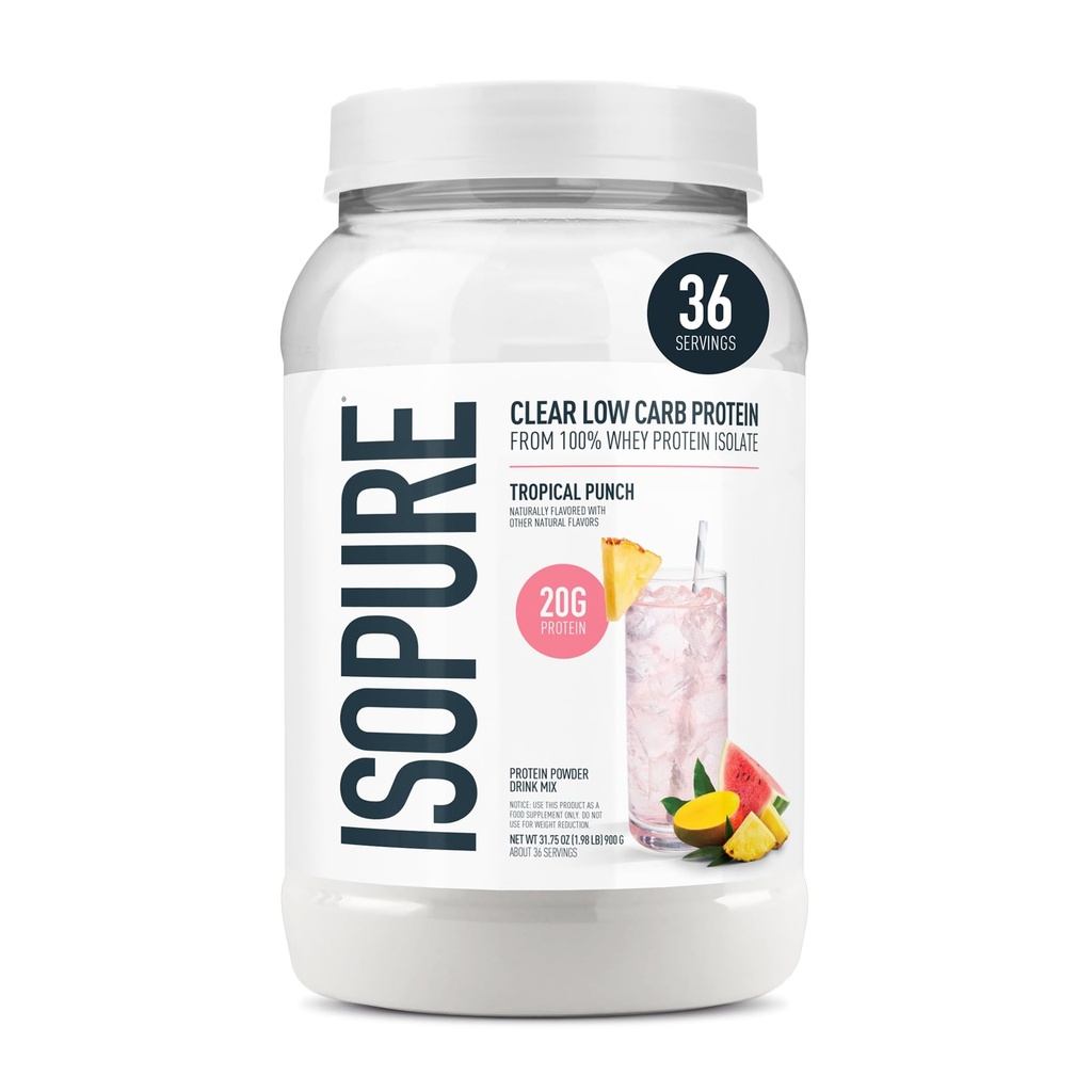 Poudre de protéines isolates de lactosérum, sans lactose, sans gluten, naturellement aromatisées, punch tropical, 20g de protéines par portion, 1,9 lb, 36 portions (paquetage mai Vary)