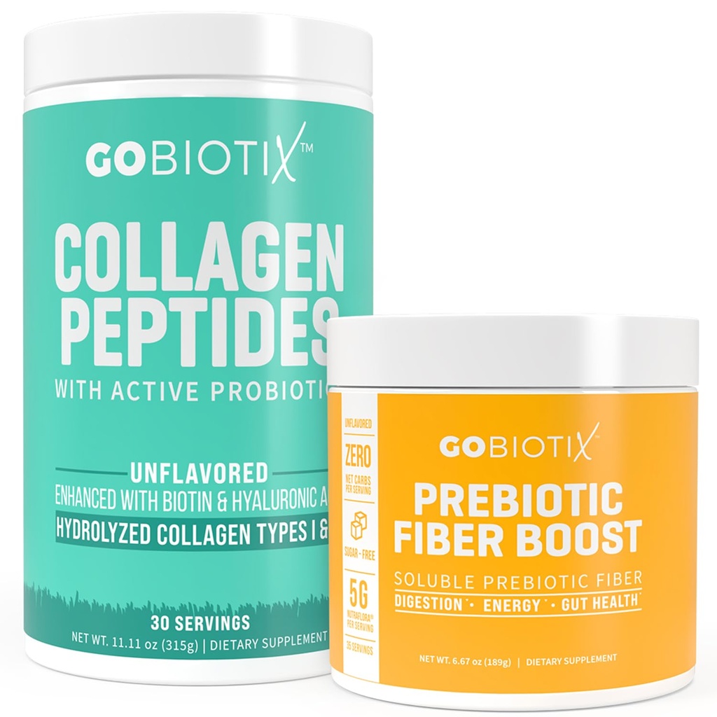 GOBIOTIX Fiber & Collageen Bundle: Haar, huid, Gut Support - 30 Servings Collageen, 35 Servings Fiber