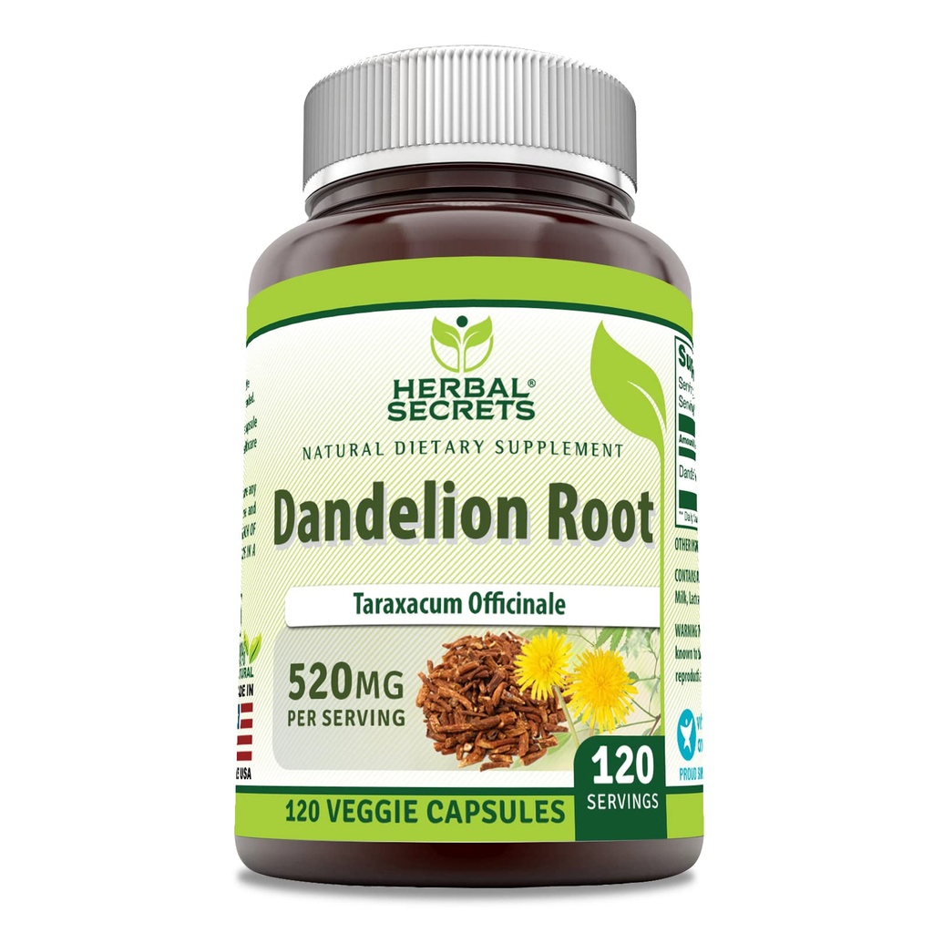 Secrets à base de plantes Supplément de racine de dandelion $ 520 Mg $ 120 Capsules de légumes $ Non-GMO $ Sans gluten $ Fabriqué aux États-Unis