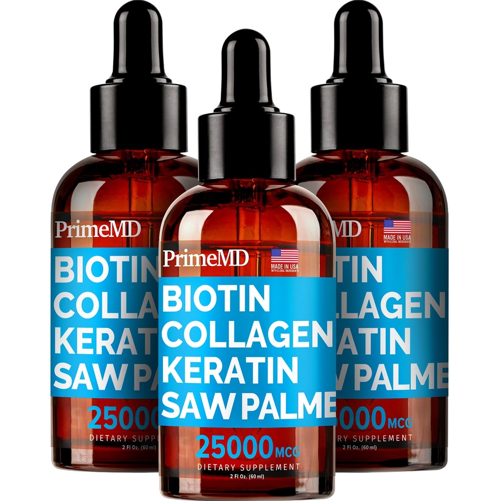PrimeMD 4-in-1 Liquid Biotin Collagen Keratine Saw Palmetto Drops (3 Pack) Bundel - 25000mcg Haarnagels en huidvitaminen voor vrouwen en mannen - 2 Fl Oz Elke, Watermeloen smaak, Glutenvrije, Non-GMO