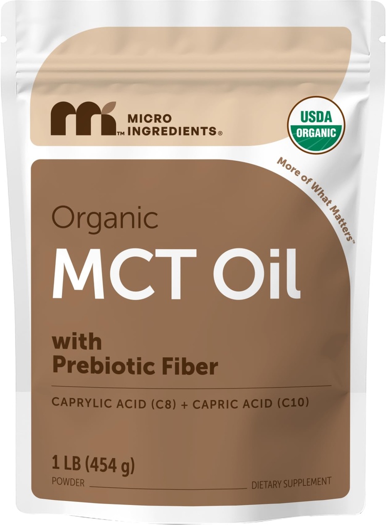 Biologische MCT oliepoeder met prebiotische vezel,1 pond(16 ounce), snelle brandstof voor lichaam en hersenen, C8 MCT olie voor koffie Creamer, Geen GGO's, Keto Diet, Veganistisch
