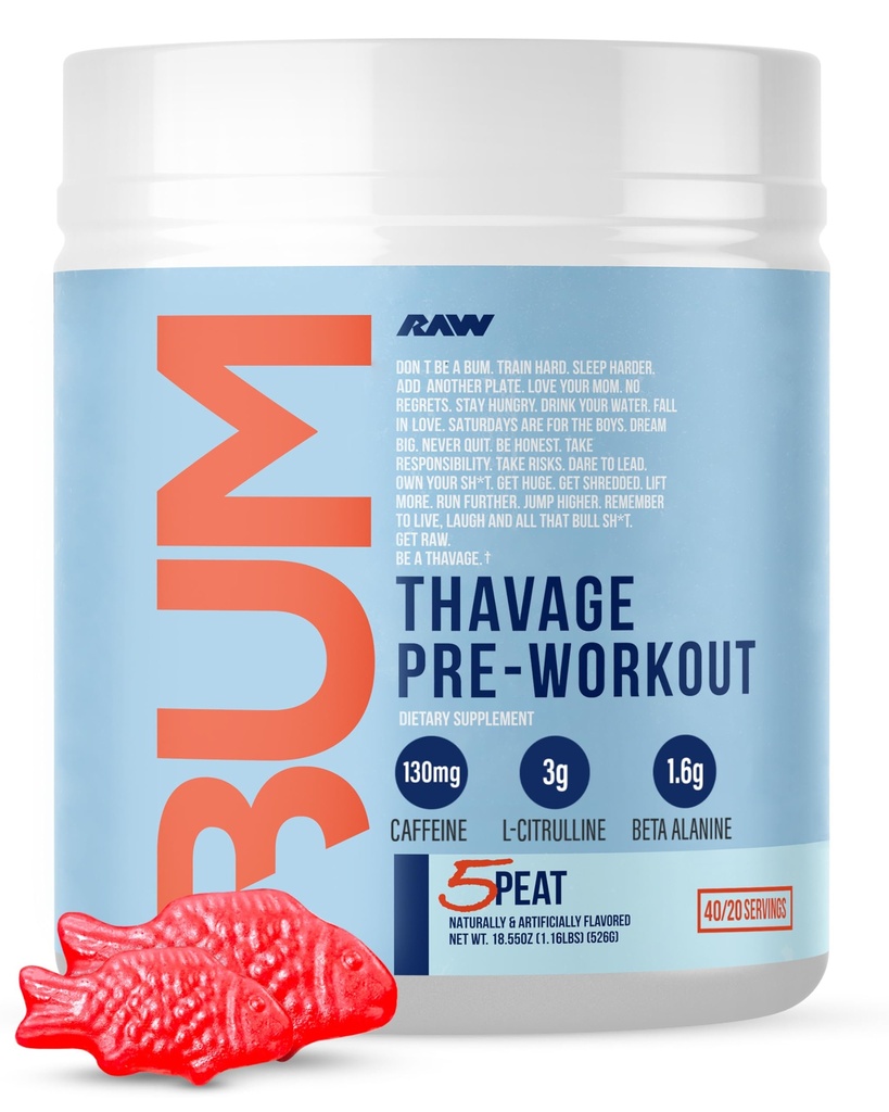 RAW Pre Workout Powder, Thavage (5 Tourbe, Gummy rouge) - Chris Bumstead Sports Supplément nutrition pour les hommes et les femmes - Cbum Pre Workout pour travailler dehors, hydratation, concentration mentale et énergie - 40 portions