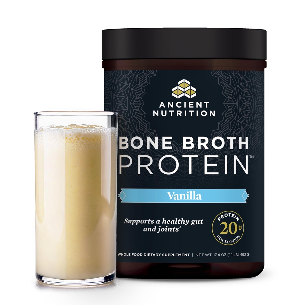 Ancient Nutrition Grass Fed, Cage Free, Bone Broth Protein Powder, 20g Proteïne, Gehydrolyseerde Collageen Peptiden, Keto & Paleo Vriendelijk, Ondersteunt Joint, Gut Health, Vanilla, 20 Servers