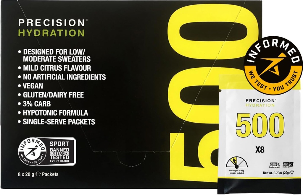 Precision Hydration Electrolyte Drink Mix - All Natural Multi Strength Electrolyte Powders - Individual Waterproof Servings - Gluten/Dairy Free (500mg/L - Yellow Packet, Pack of 8)