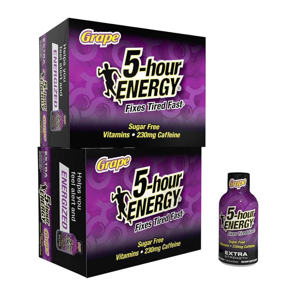 5-uurs ENERGIE Extra sterkte energieschot, druivensmaak (1,93 oz. - 24 Count) Zero Calorieën & Sugar-Free 230 mg Cafeïnated Shot, Aminozuren & B Vitaminen, Dieetsupplementen