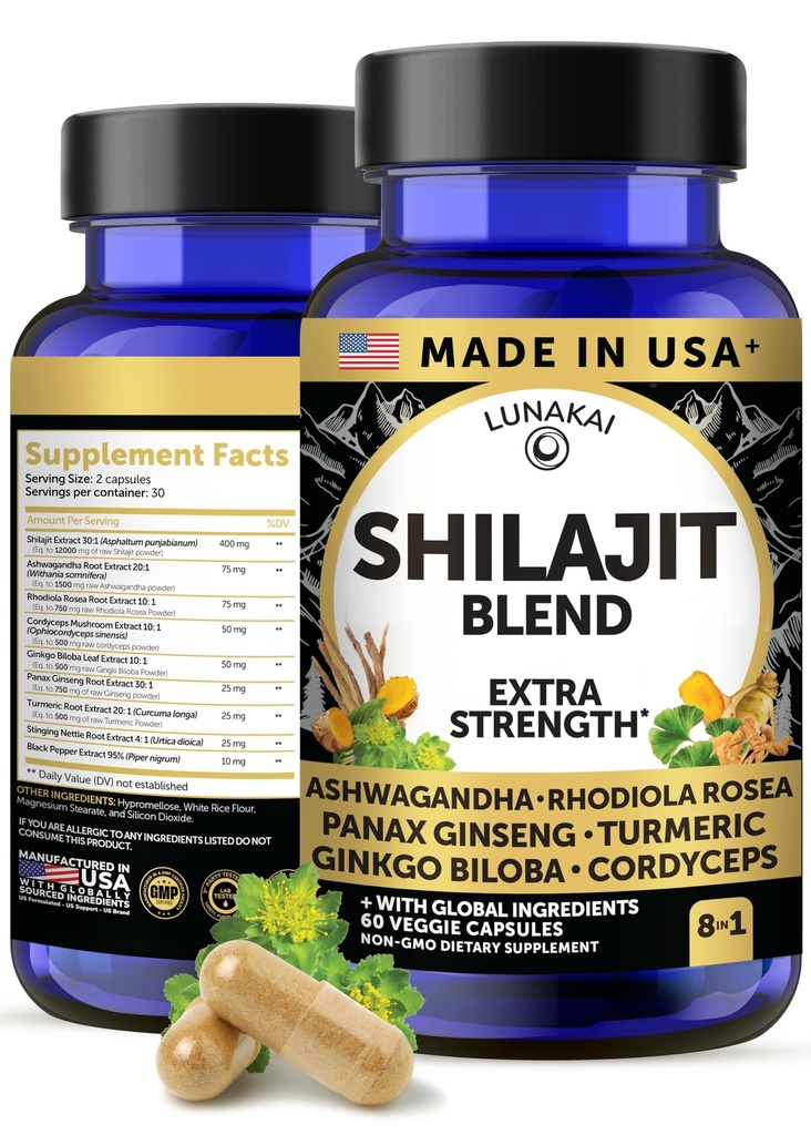 Lunakai USA Capsules de Shilajit Pure avec Ashwagandha, Rhodiola et Cordyceps - Extra Strength Shilajit Extrait pour hommes et femmes, 60ct