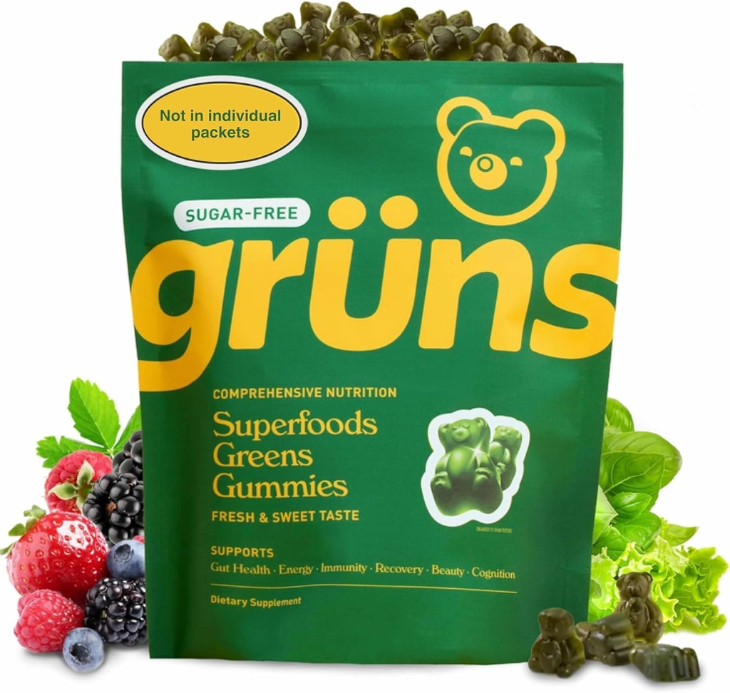 Gruns Adult Sugar-Free Super Greens Gummies - Superfood Gummy Bears met Spirulina, Chlorella, Fiber & Prebiotica voor de spijsvertering gezondheid, Adaptogen Supplement met 20 Vitaminen & Minerals, 2 week aanbod