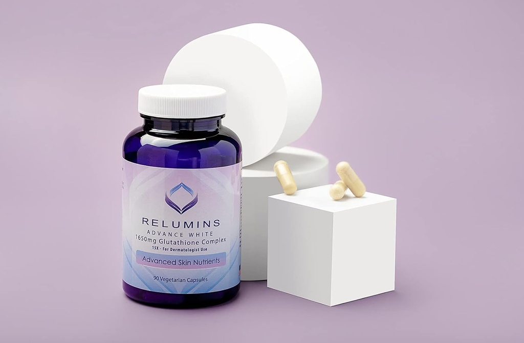 Verpakking van 2 Relumins Advance White 1650mg Glutathion Complex - 15x Dermatologic Formula with Advanced Skin Nutriënts - 2 Flessen, 90 Capsules Elke, 180 Total Capsules