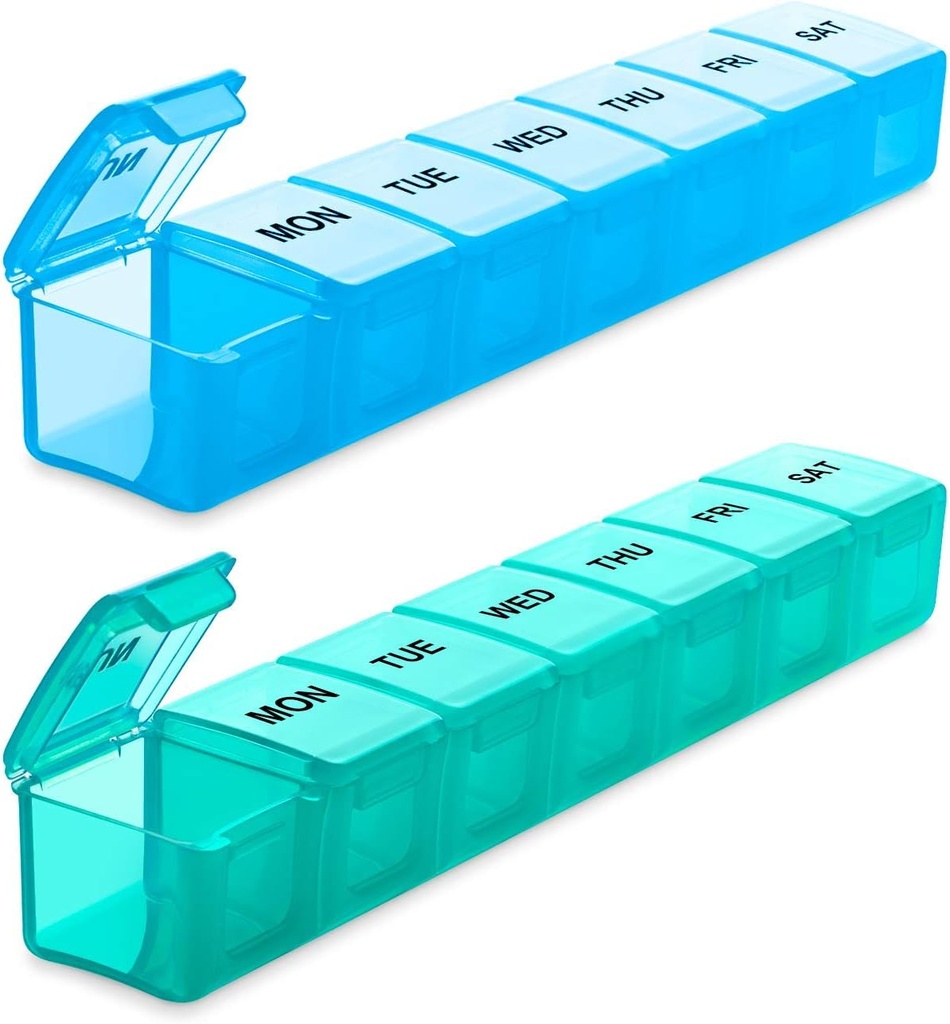 BUG HULL Wekelijkse pil Organisator Large 2 Packs, Extra Large Travel Pill Organizers, Pill Box 7 Day, Travel Pill Case, Medicine Pill Organizer voor Vitaminen, Supplementen en Medicijnen (Blue+Green)