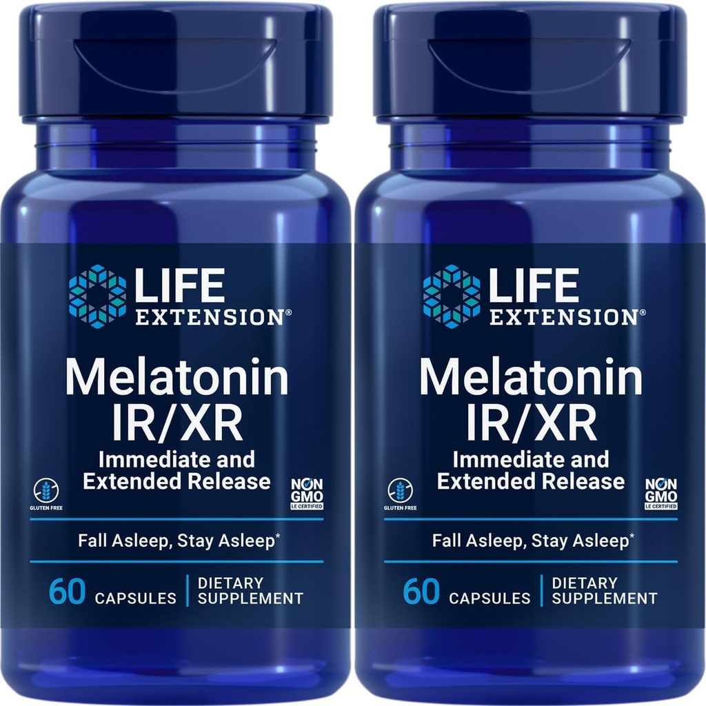 Life Extension Melatonine IR/XR, 1,5 mg, onmiddellijke- en uitgebreide-release formule voor optimale slaapondersteuning, gezonde circadiane ritmes, Cellular Defense, Gluten-Free, Non-GMO, 2 X 60 Capsules