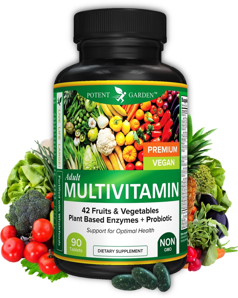Krachtige Tuin Adult Multivitamine voor Vrouwen & Mannen, 42 Fruit & Groenten Plus Probiotica, Ondersteunt Energie Metabolisme & Immuun System, Dagelijks Multivitamine voor Mannen & Vrouwen Non-GMO, 90 Tabs, 30 Servers