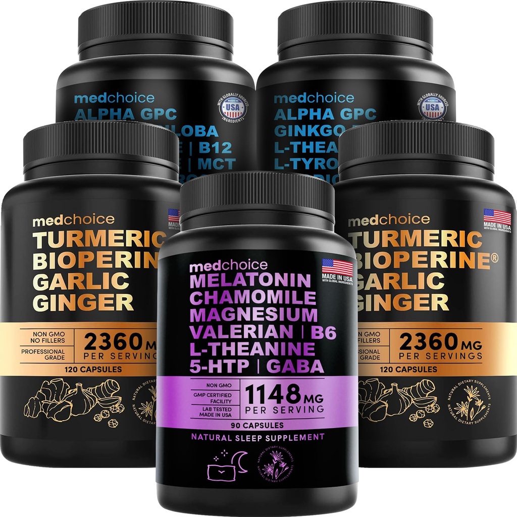 MEDCHOICE Sleep Melatonine (90ct), Kurkuma & Gember (240ct) en Nootropic Brain (120ct) Supplement Bundle - Wellness Trio for Brain, Sleep, & Immune Support - Vegan, Non-GMO, Glutenvrij