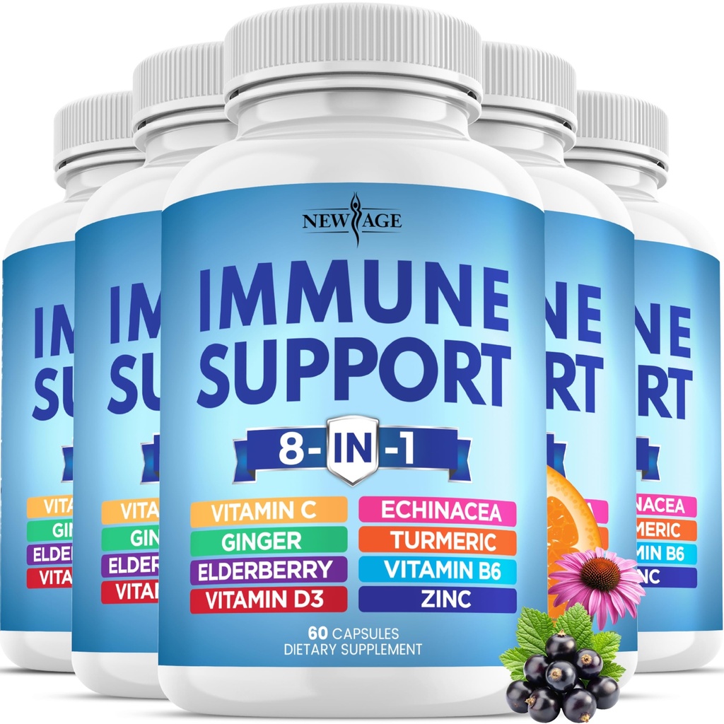 8 in 1 Immuun Support Booster Supplement met Echinacea, vitamine C en zink 50 mg, vitamine D 5000 IE, Kurkuma Curcumine & Ginger, B6, Vlierbessen (8 in 1 capsules (verpakking van 5))